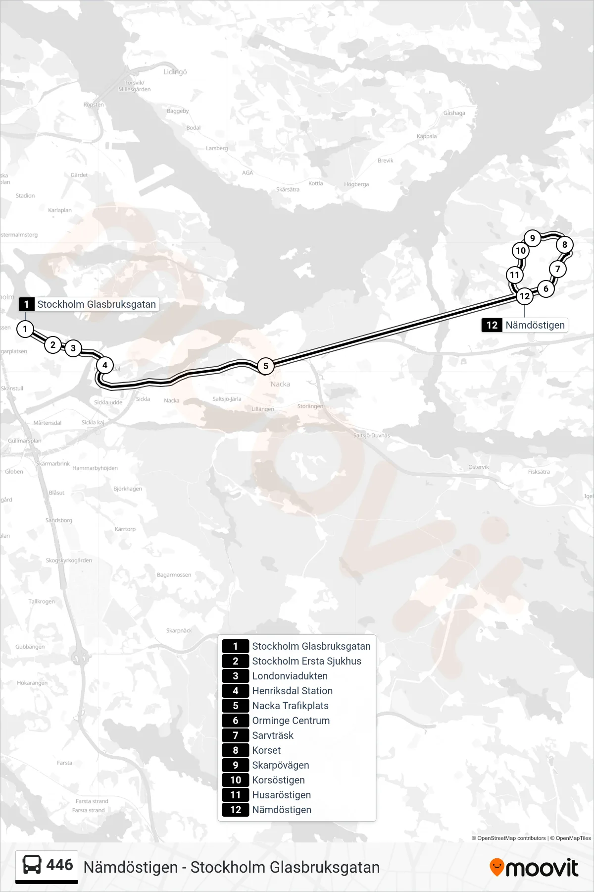 Rutt och hållplatser på karta för linje 446 buss, (Nämdöstigen)