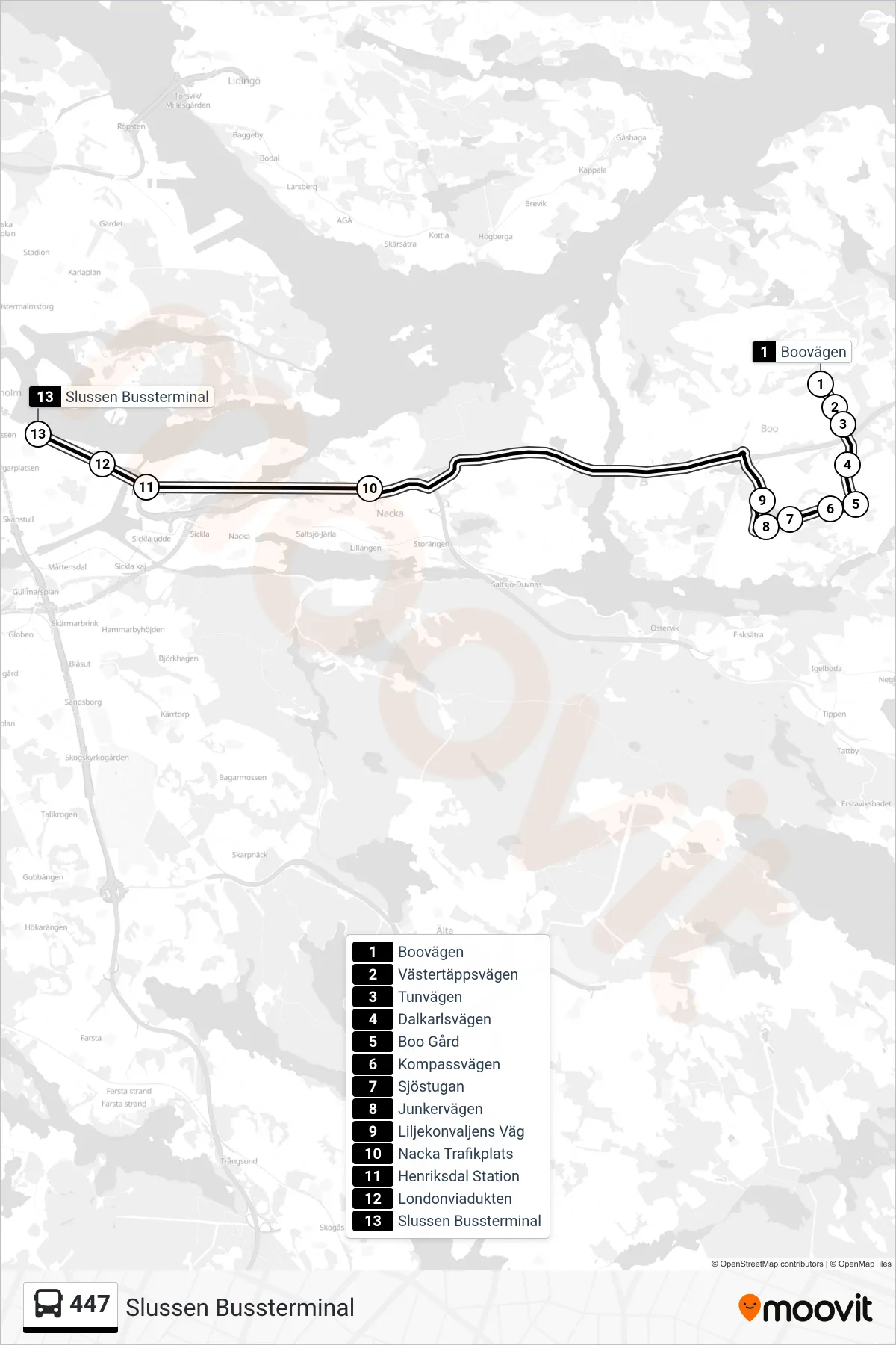 Rutt och hållplatser på karta för linje 447 buss, (Slussen Bussterminal)