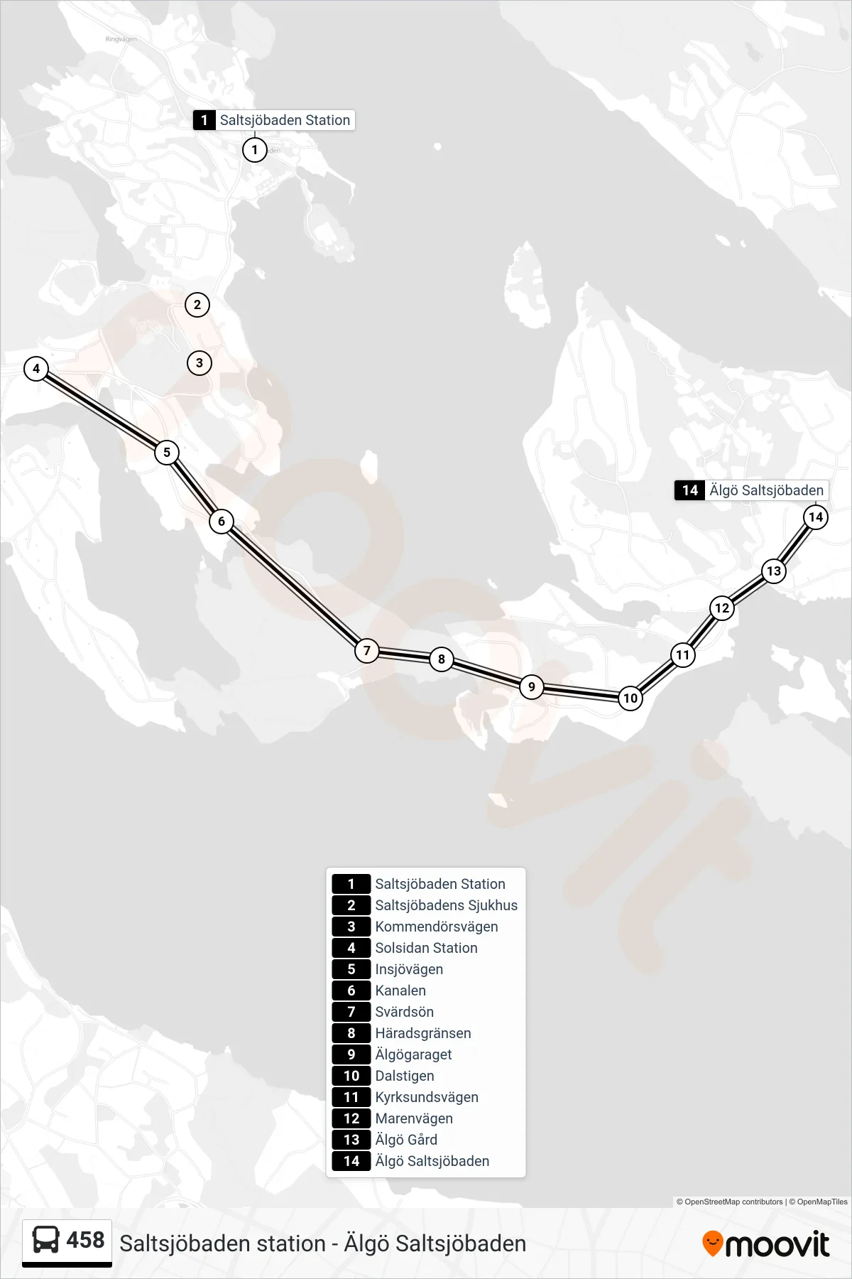 Rutt och hållplatser på karta för linje 458 buss, (Älgö Saltsjöbaden)