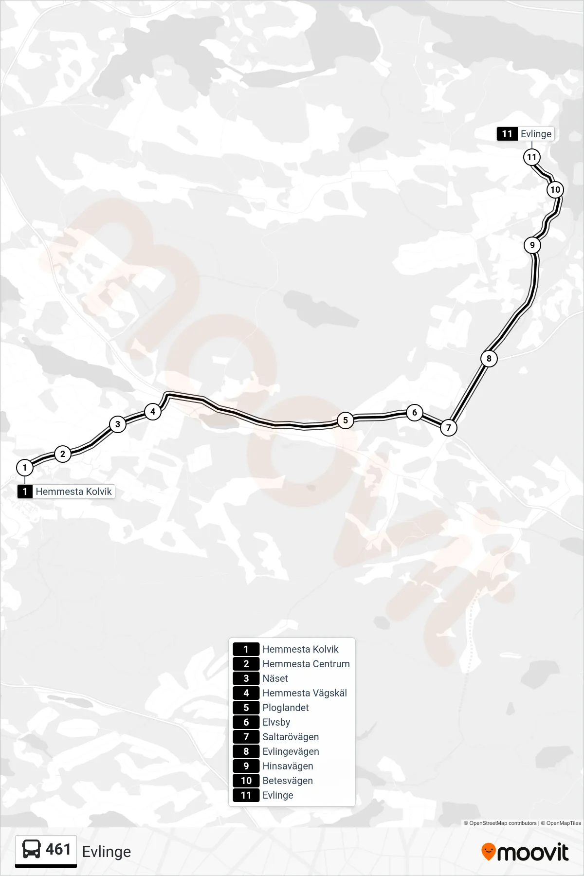Rutt och hållplatser på karta för linje 461 buss, (Evlinge)