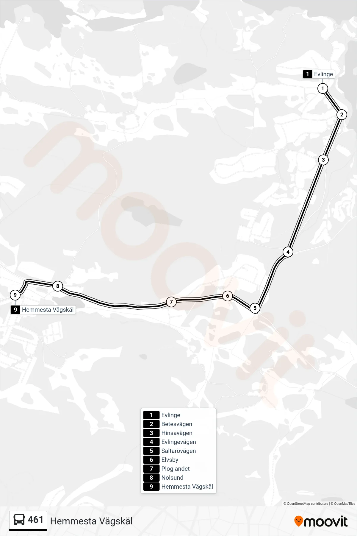 Rutt och hållplatser på karta för linje 461 buss, (Hemmesta Vägskäl)