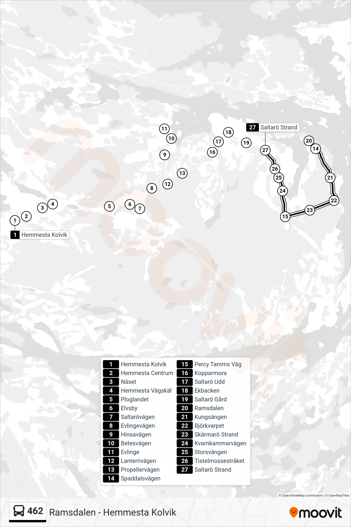 Rutt och hållplatser på karta för linje 462 buss, (Saltarö Strand)