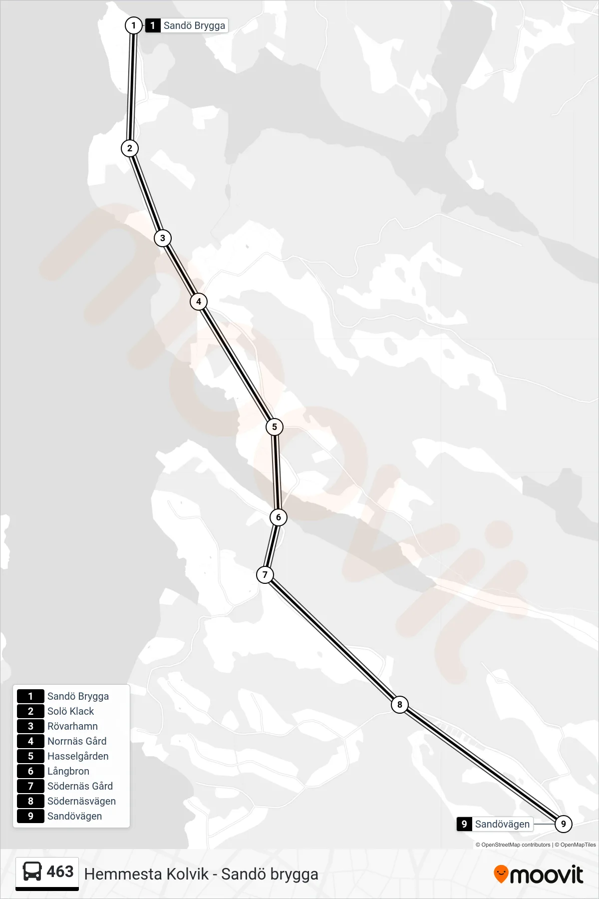 Rutt och hållplatser på karta för linje 463 buss, (Sandövägen)