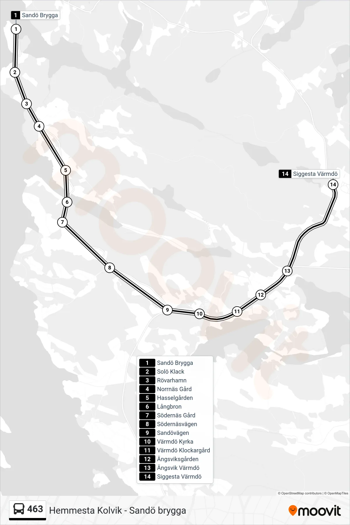 Rutt och hållplatser på karta för linje 463  buss, (Siggesta Värmdö)