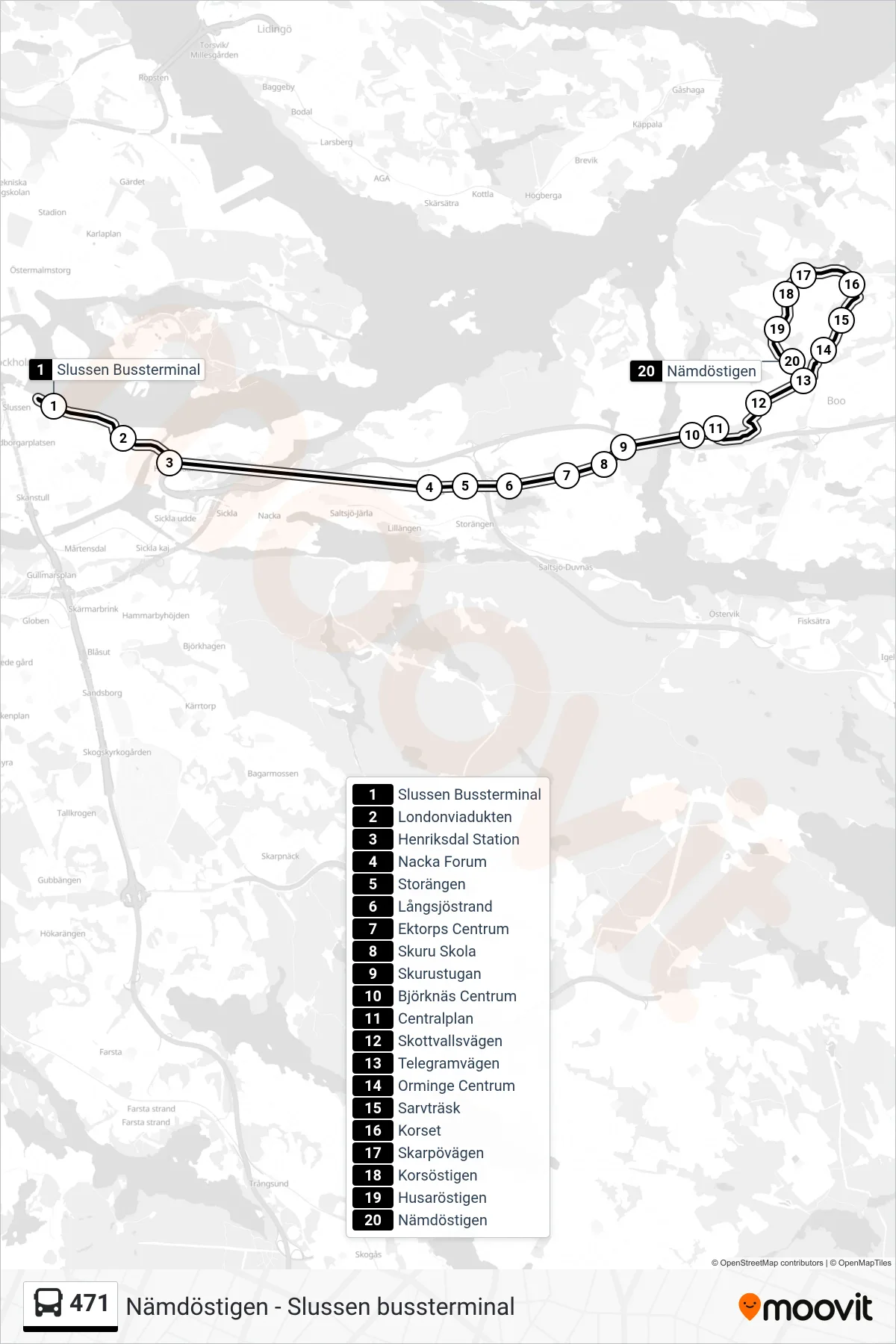 Rutt och hållplatser på karta för linje 471  buss, (Nämdöstigen)
