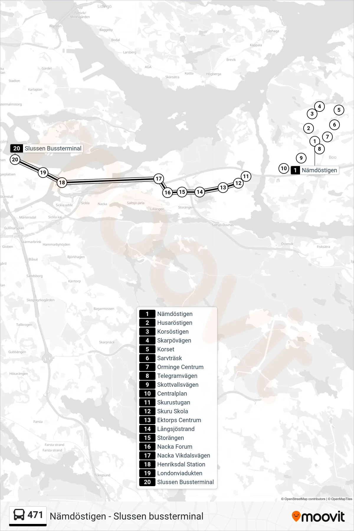 Rutt och hållplatser på karta för linje 471 buss, (Slussen Bussterminal)