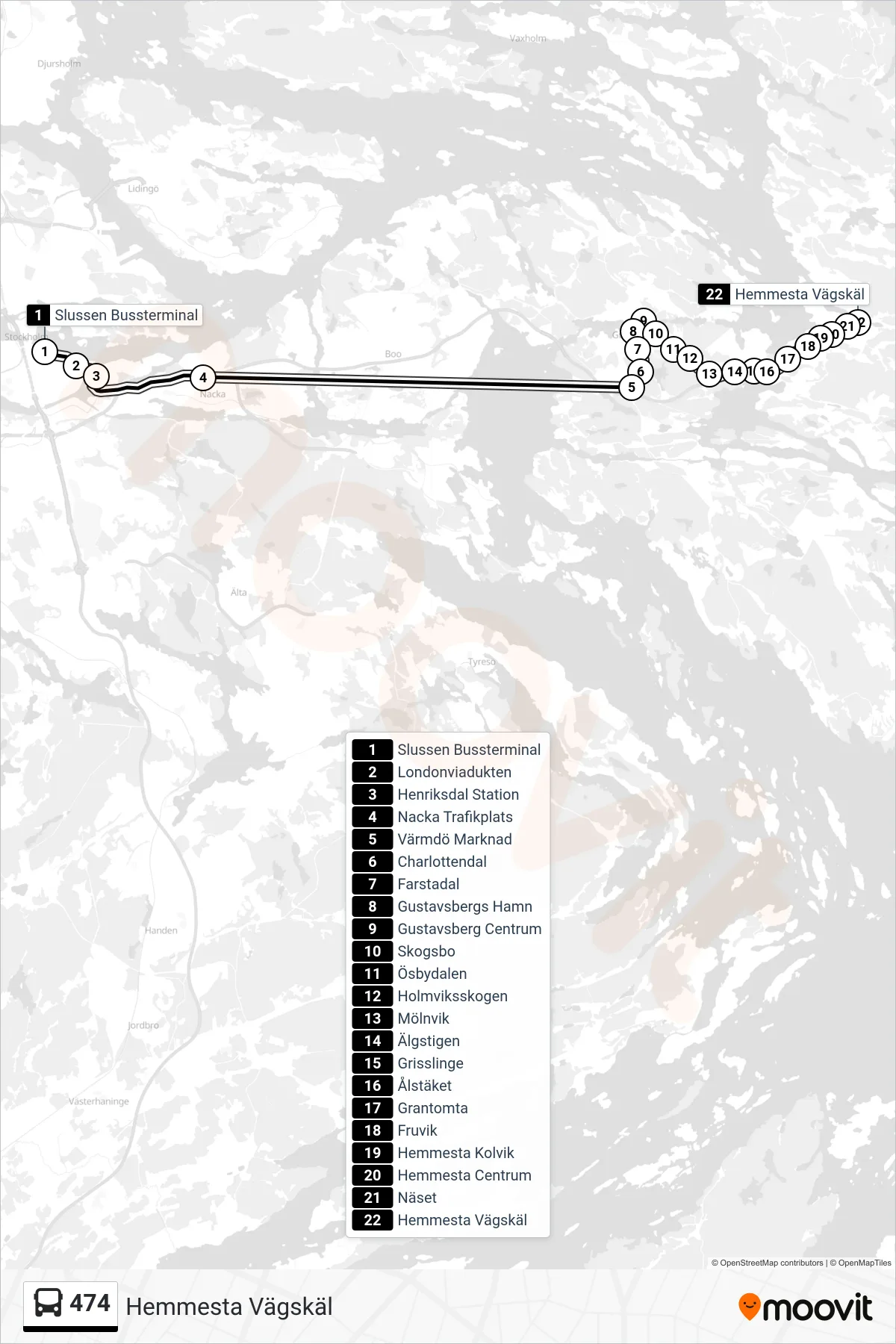 Rutt och hållplatser på karta för linje 474 buss, (Hemmesta Vägskäl)