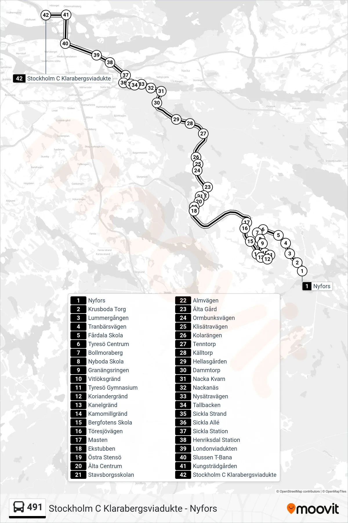 Rutt och hållplatser på karta för linje 491 buss, (Stockholm C Klarabergsviadukte)