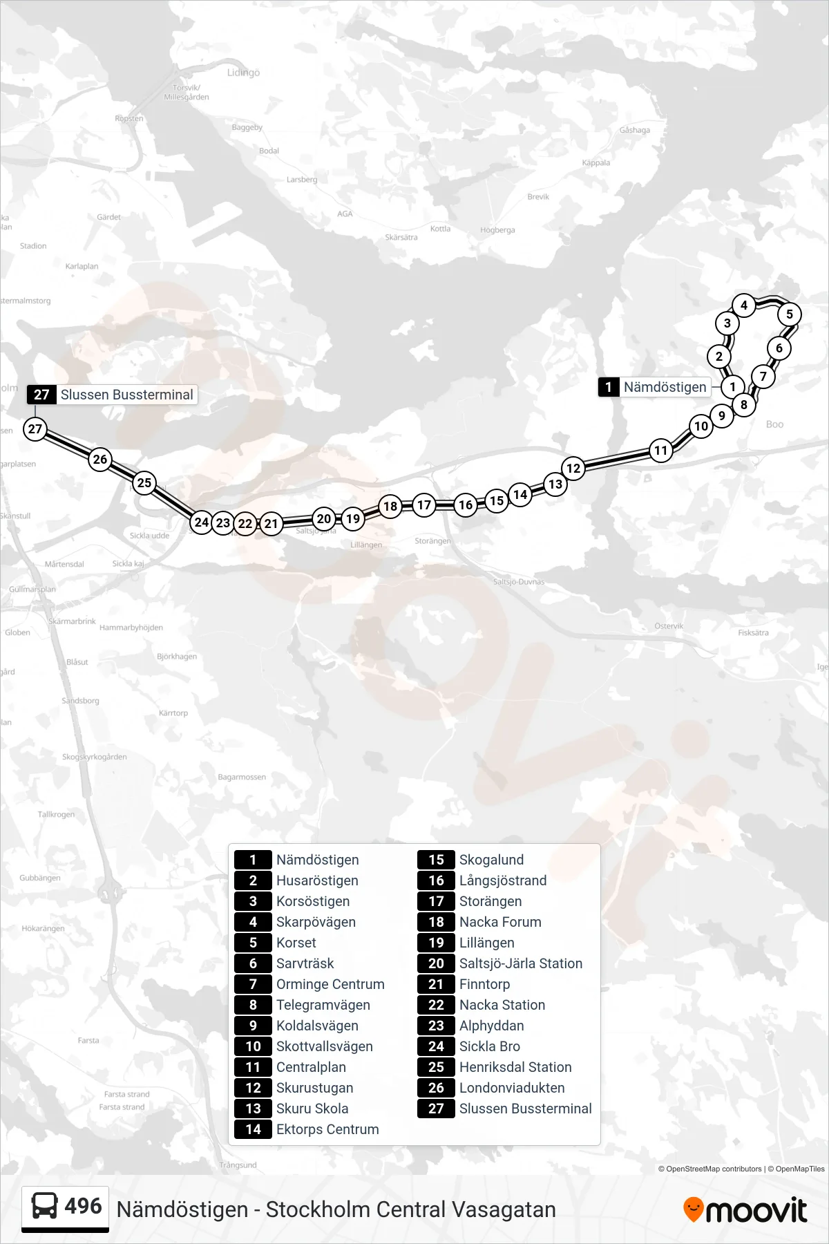 Rutt och hållplatser på karta för linje 496 buss, (Slussen Bussterminal)