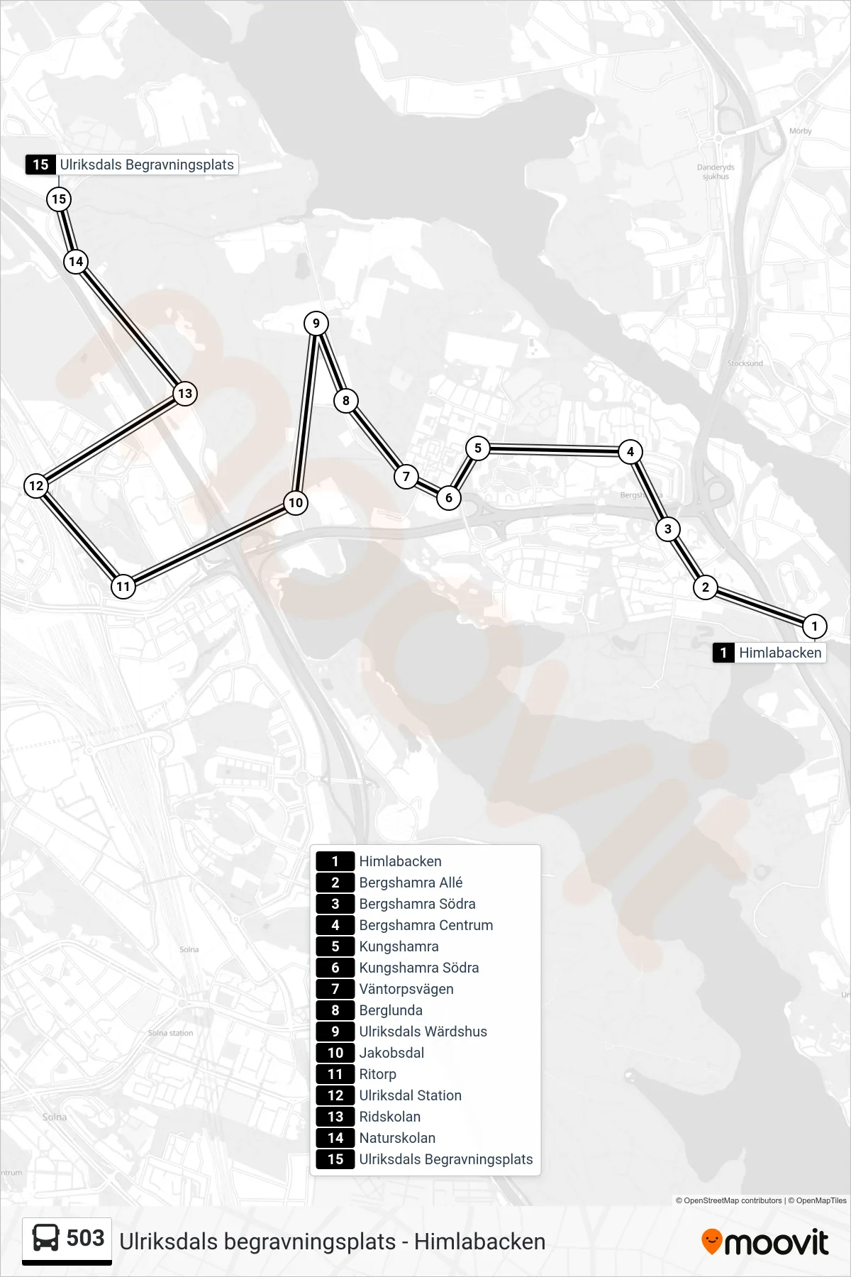 Rutt och hållplatser på karta för linje 503 buss, (Ulriksdals Begravningsplats)