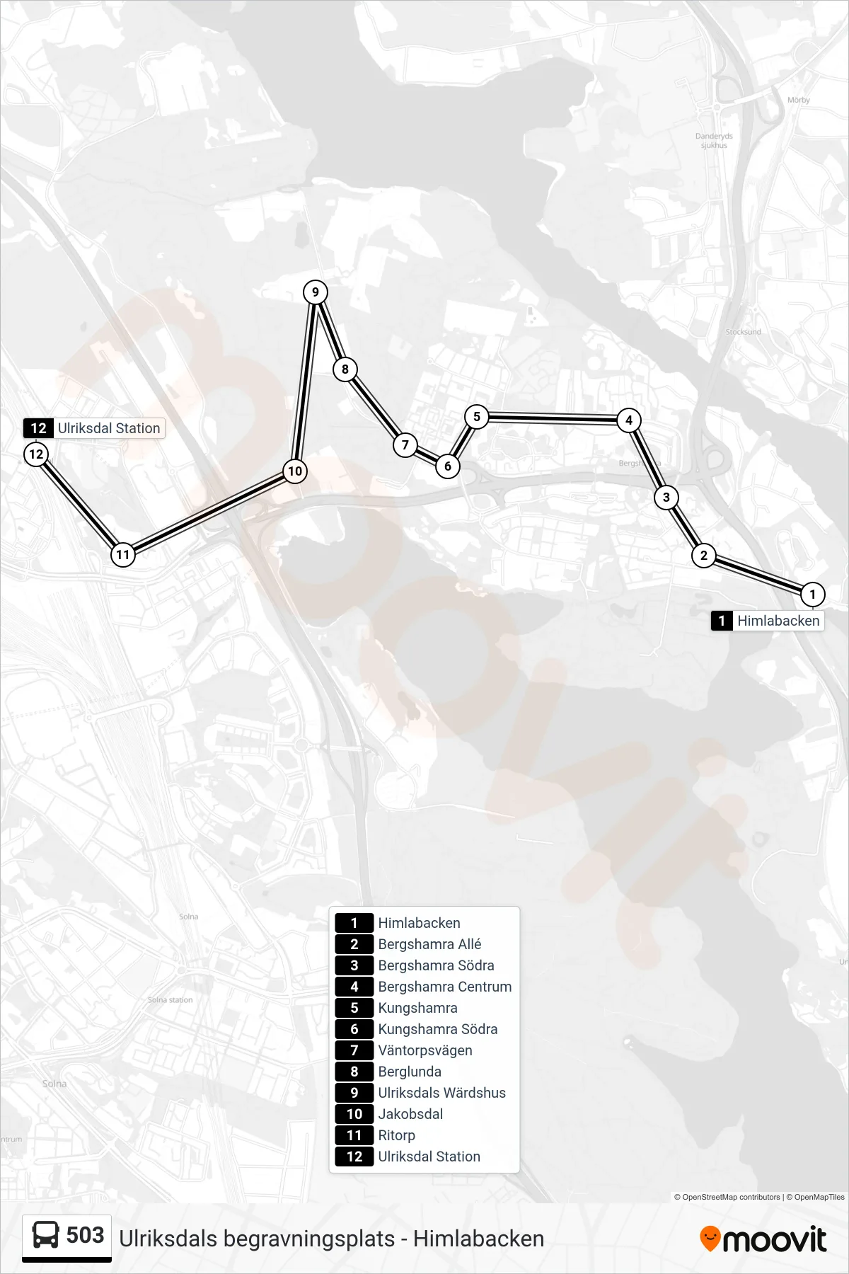 Rutt och hållplatser på karta för linje 503 buss, (Ulriksdal Station)