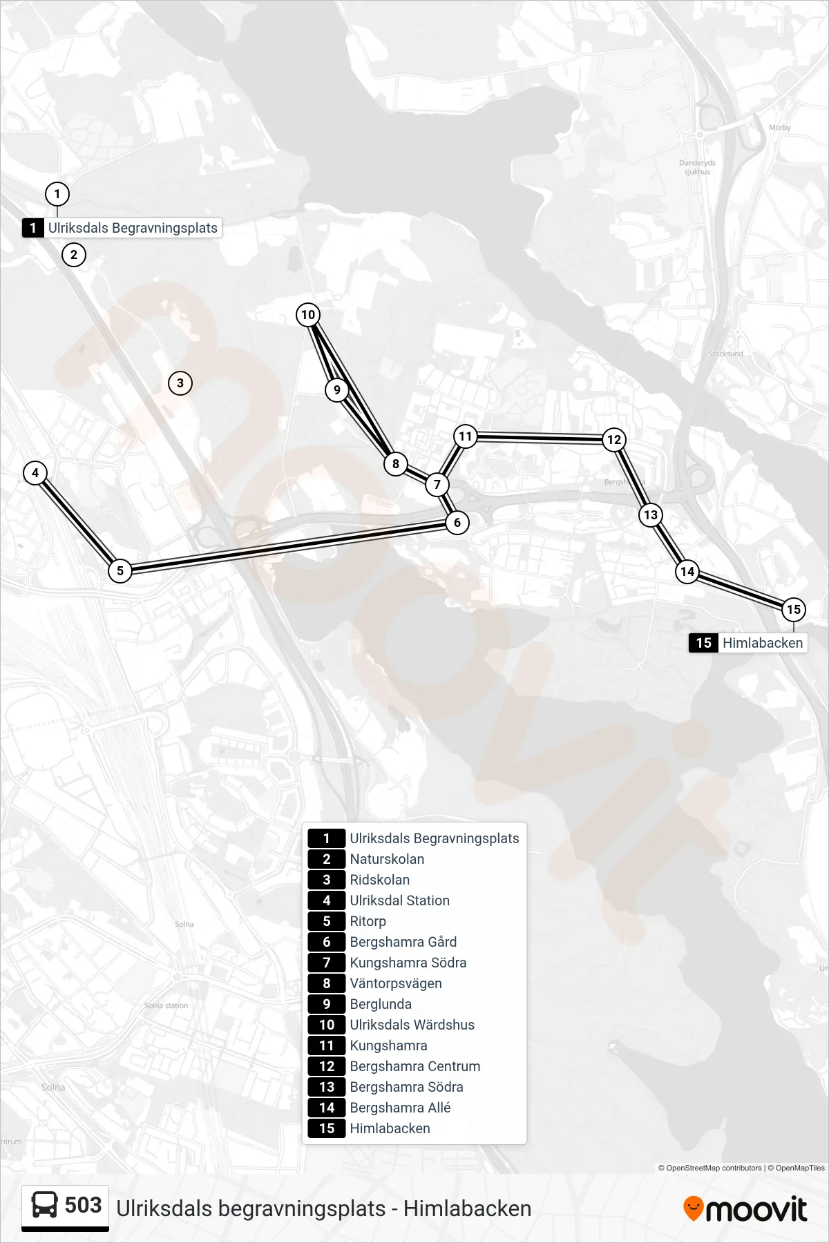 Rutt och hållplatser på karta för linje 503  buss, (Himlabacken)