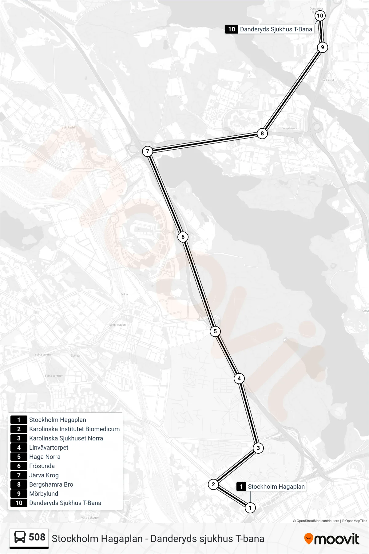 Rutt och hållplatser på karta för linje 508 buss, (Danderyds Sjukhus T-Bana)