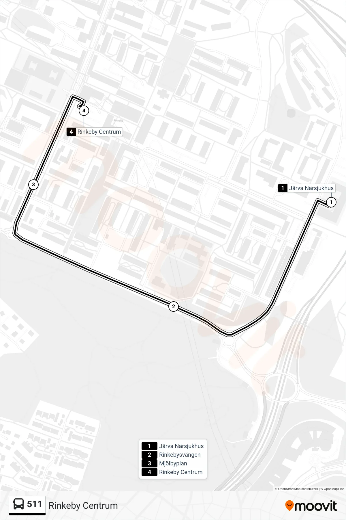 Rutt och hållplatser på karta för linje 511  buss, (Rinkeby Centrum)