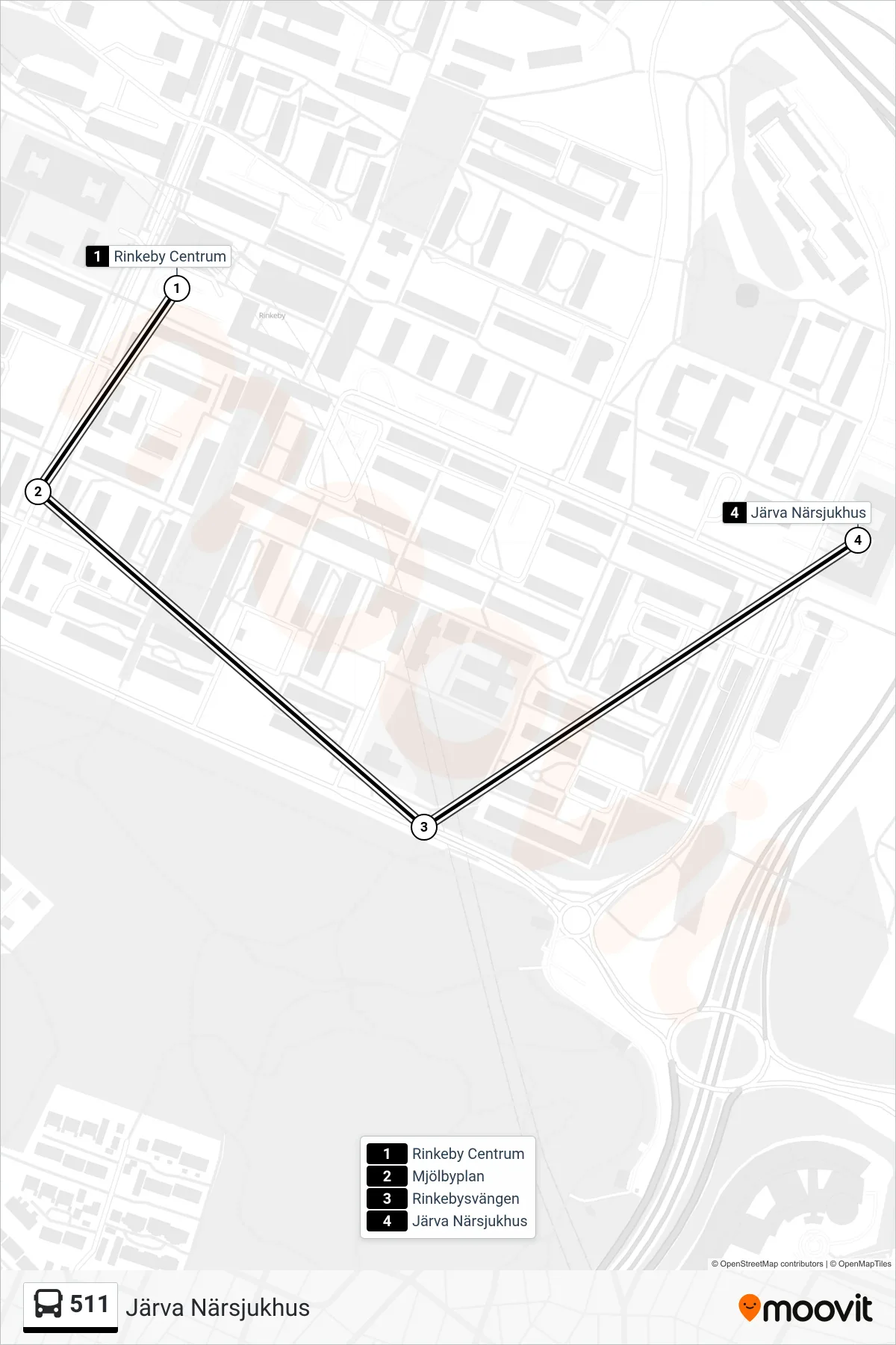 Rutt och hållplatser på karta för linje 511  buss, (Järva Närsjukhus)