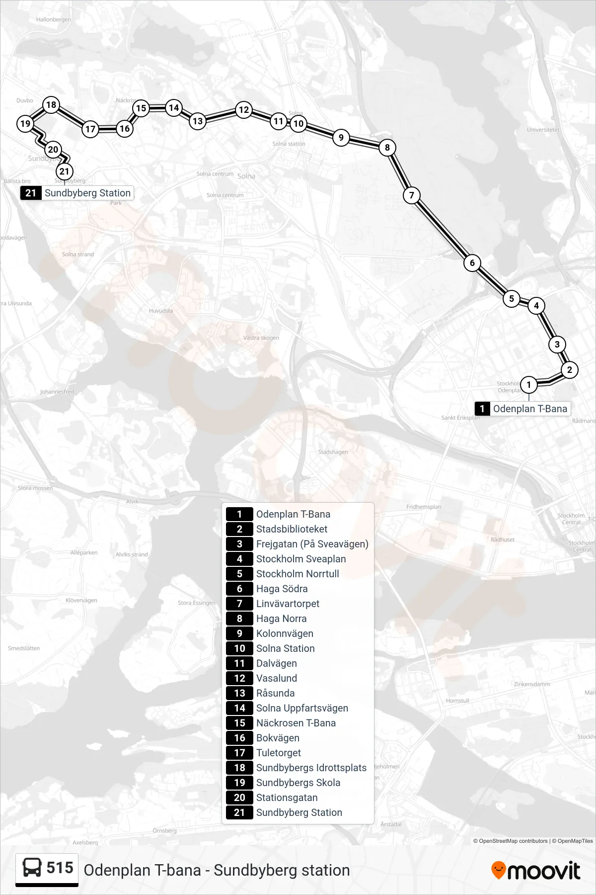 Rutt och hållplatser på karta för linje 515  buss, (Sundbyberg Station)