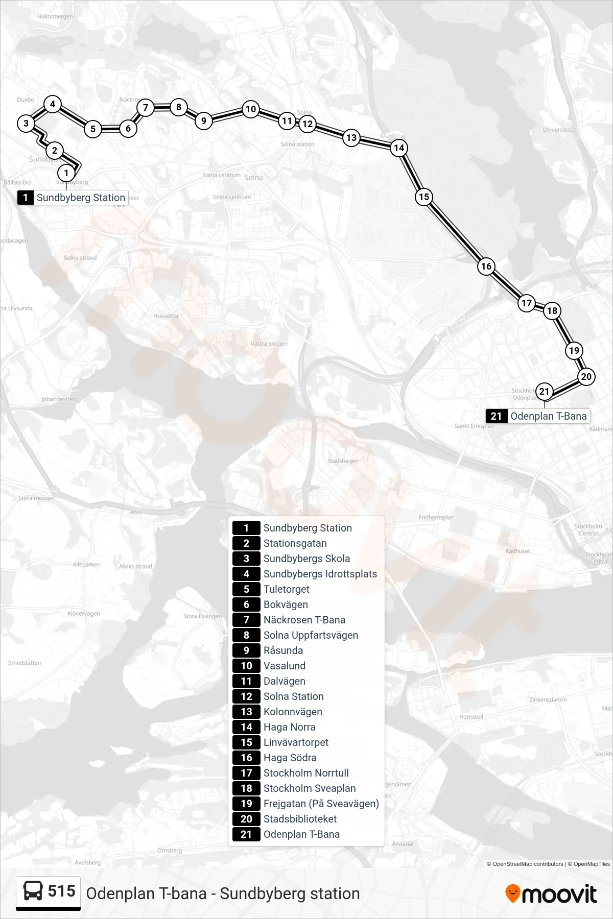Rutt och hållplatser på karta för linje 515  buss, (Odenplan T-Bana)
