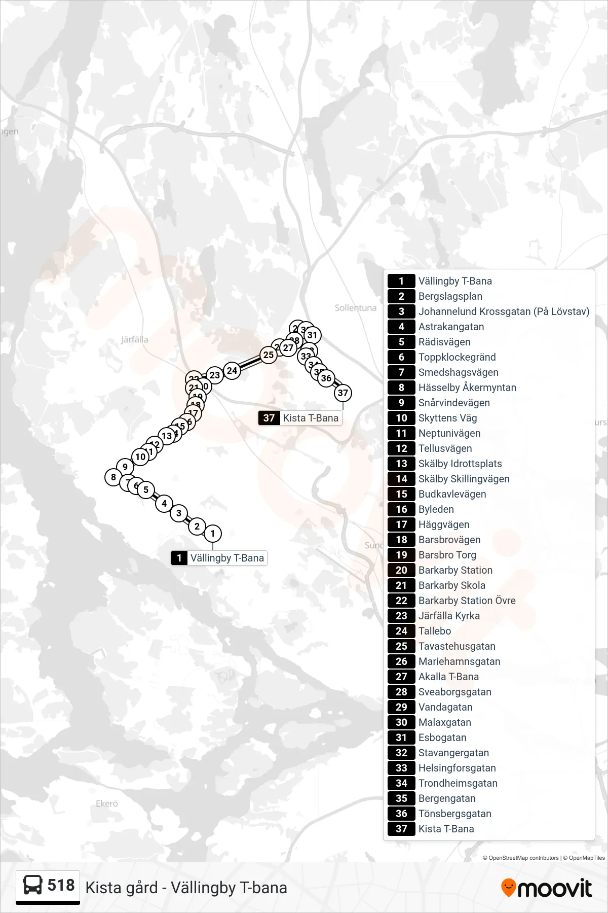 Rutt och hållplatser på karta för linje 518 buss, (Kista T-Bana)