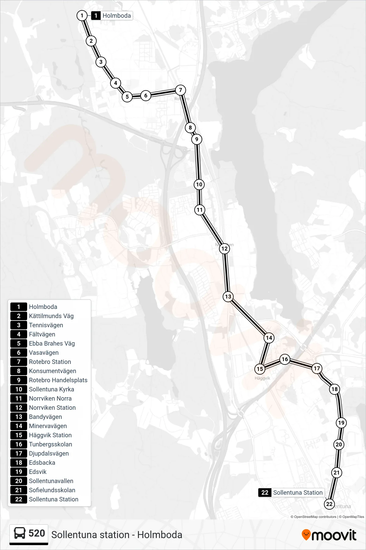 Rutt och hållplatser på karta för linje 520  buss, (Sollentuna Station)