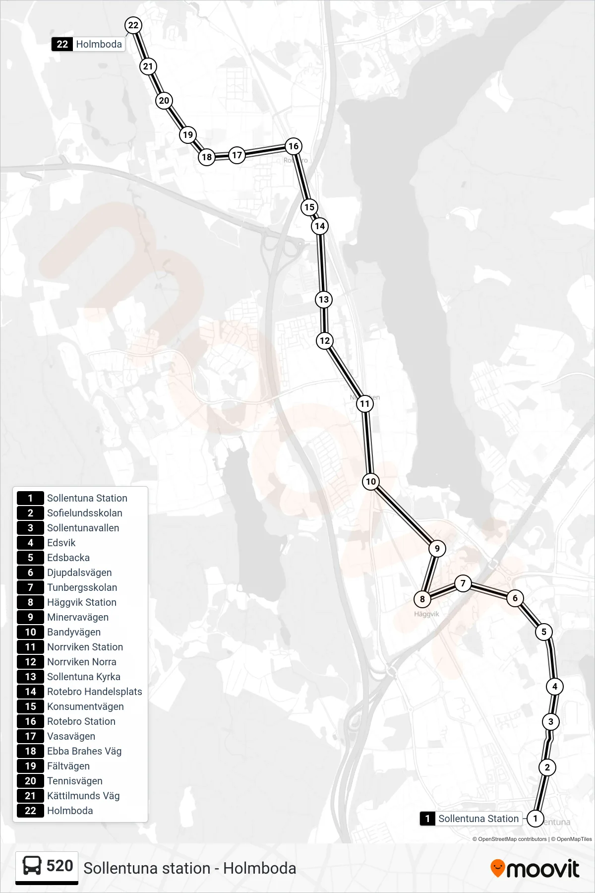 Rutt och hållplatser på karta för linje 520  buss, (Holmboda)