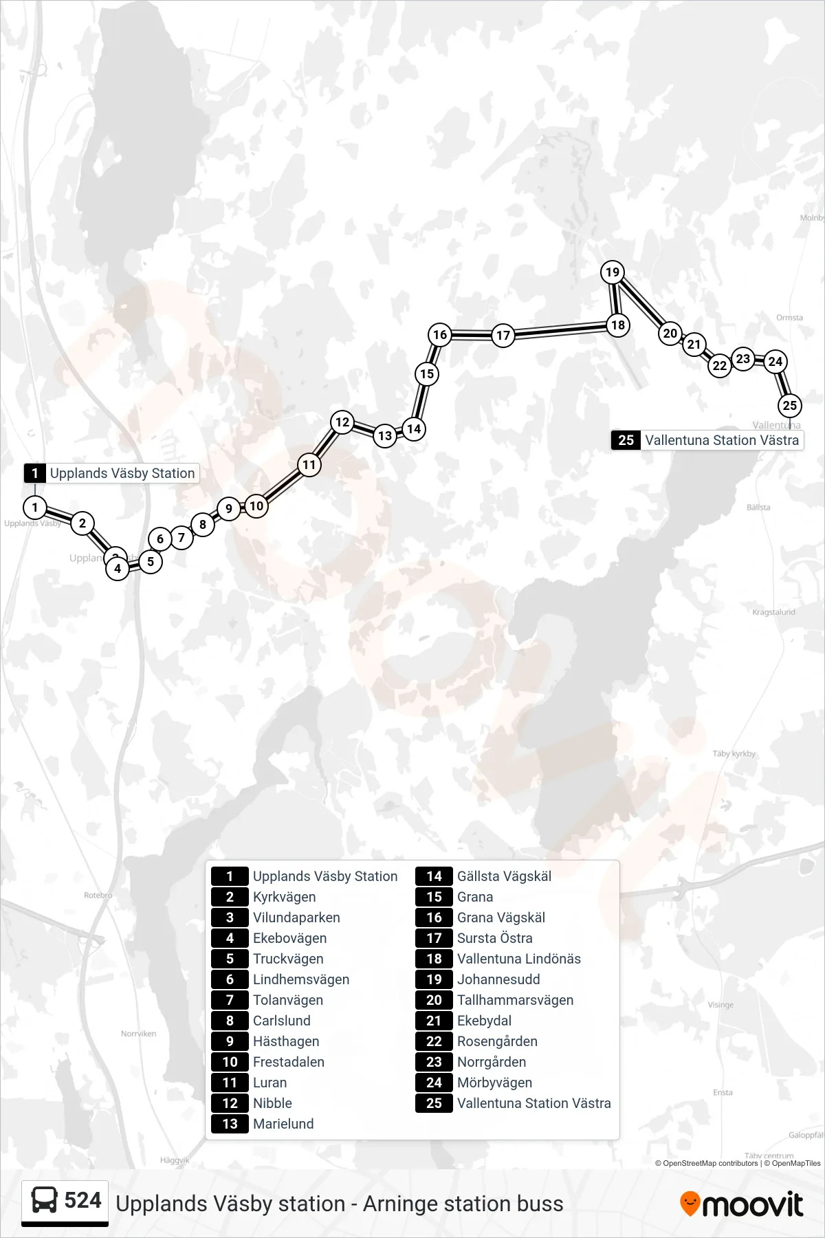 Rutt och hållplatser på karta för linje 524 buss, (Vallentuna Station Västra)