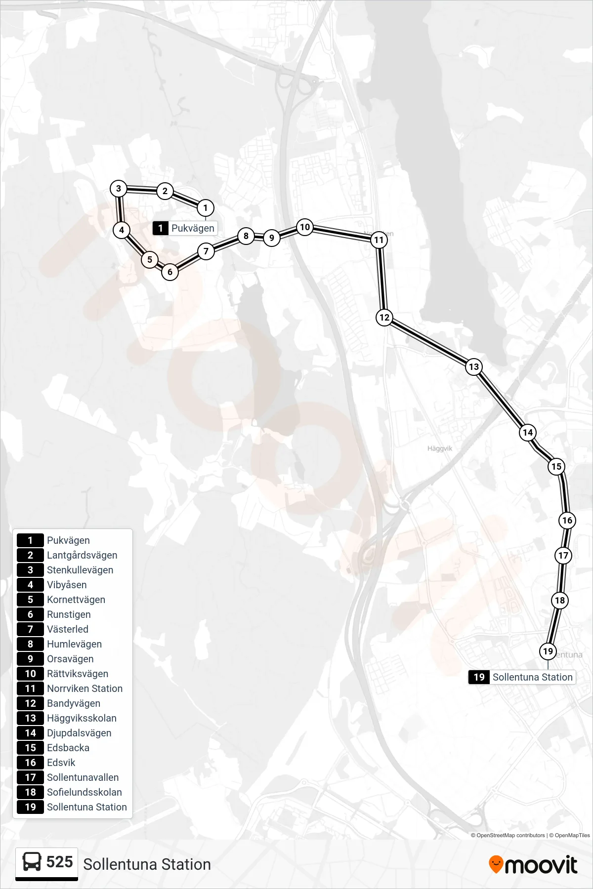 Rutt och hållplatser på karta för linje 525  buss, (Sollentuna Station)
