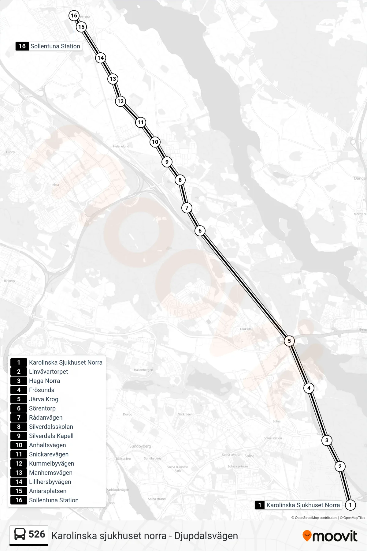 Rutt och hållplatser på karta för linje 526  buss, (Sollentuna Station)