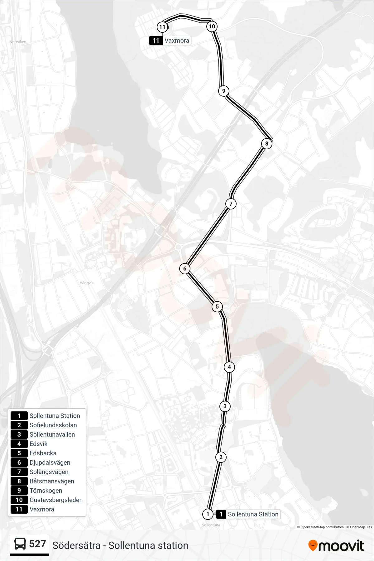 Rutt och hållplatser på karta för linje 527 buss, (Vaxmora)