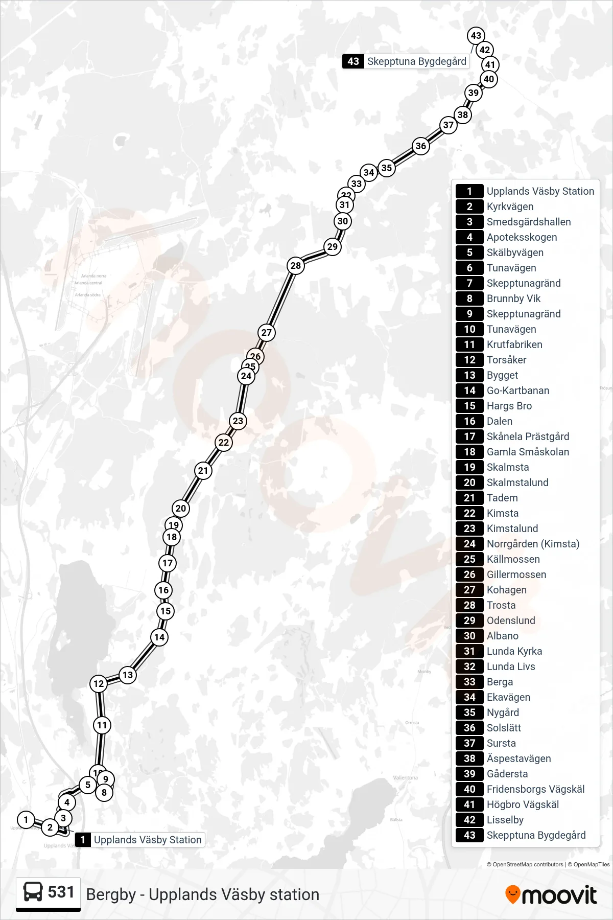 Rutt och hållplatser på karta för linje 531 buss, (Skepptuna Bygdegård)