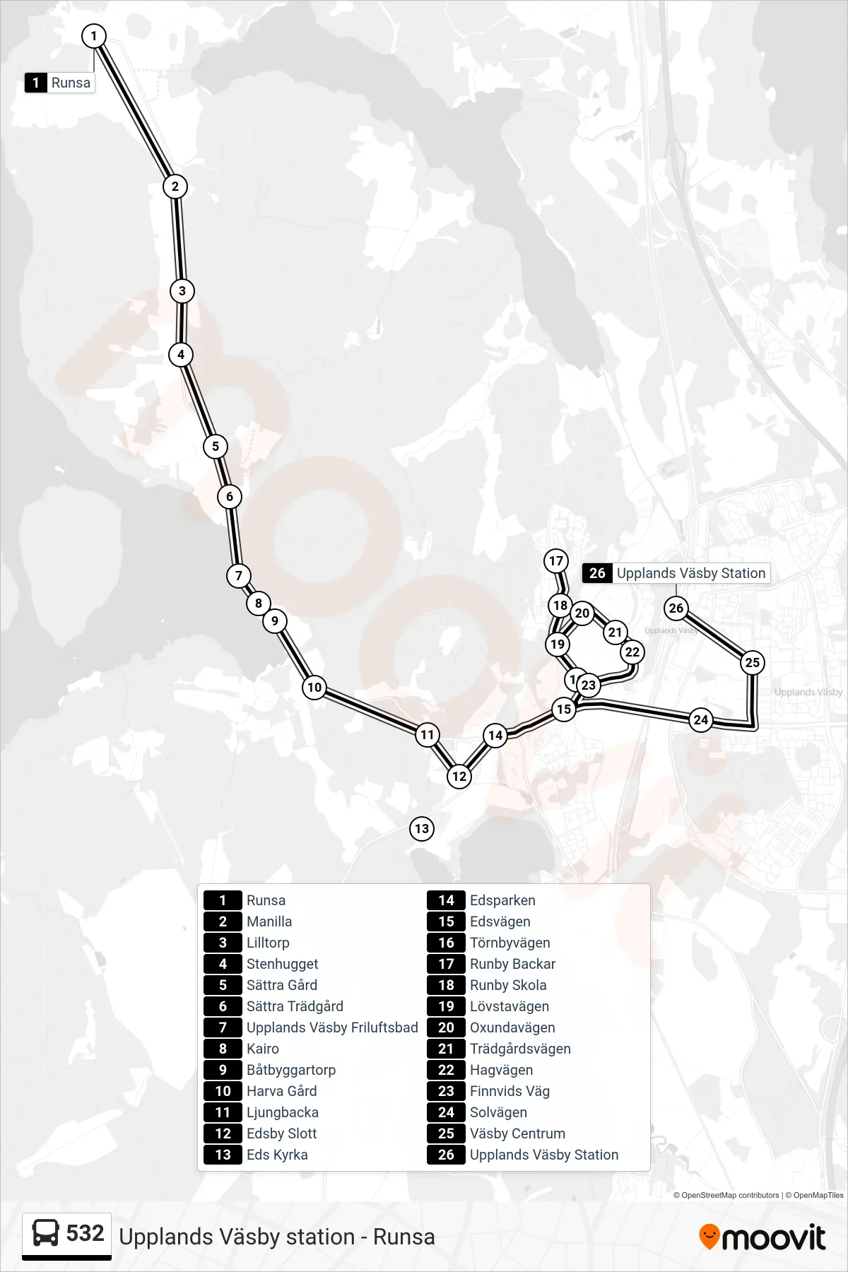Rutt och hållplatser på karta för linje 532  buss, (Upplands Väsby Station)