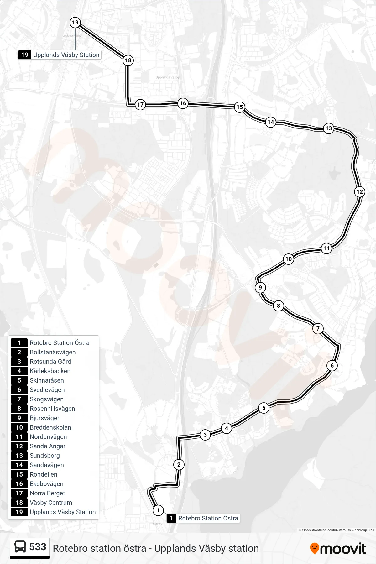 Rutt och hållplatser på karta för linje 533  buss, (Upplands Väsby Station)