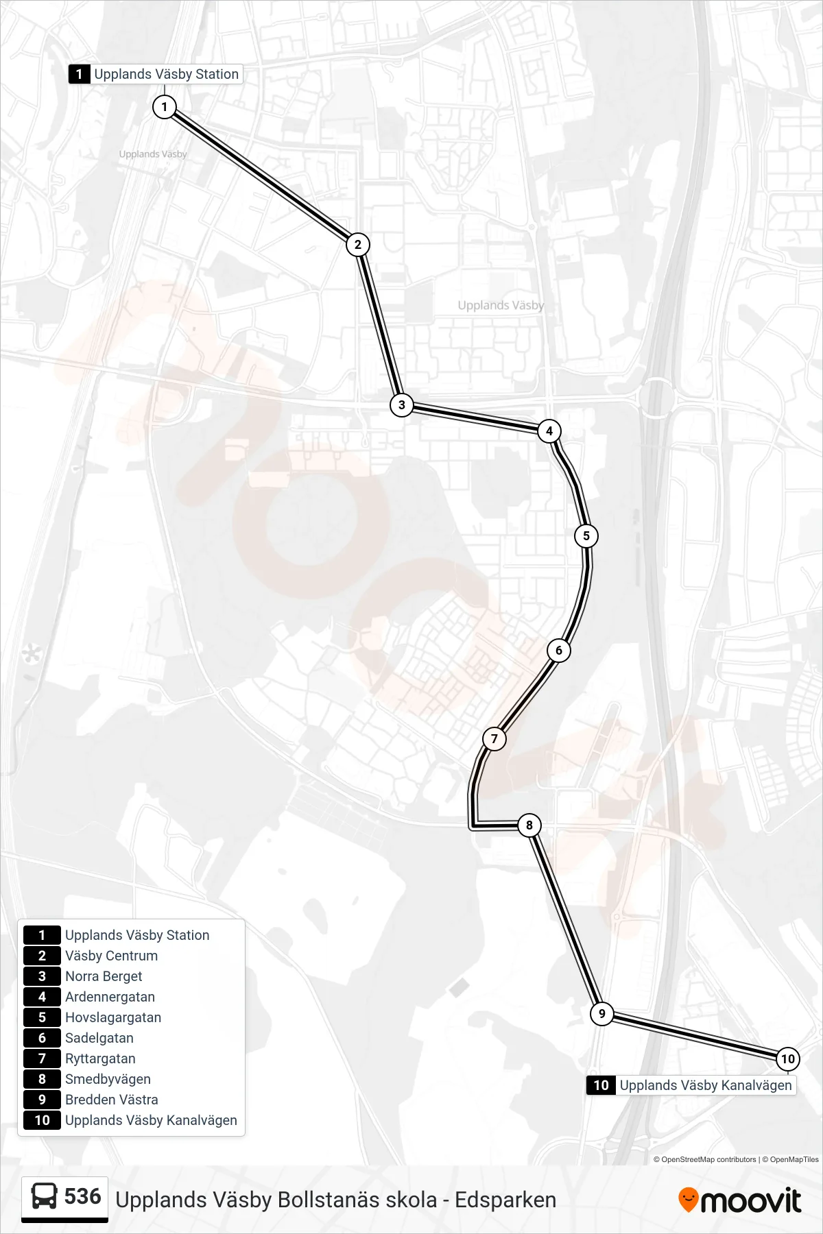 Rutt och hållplatser på karta för linje 536  buss, (Upplands Väsby Kanalvägen)