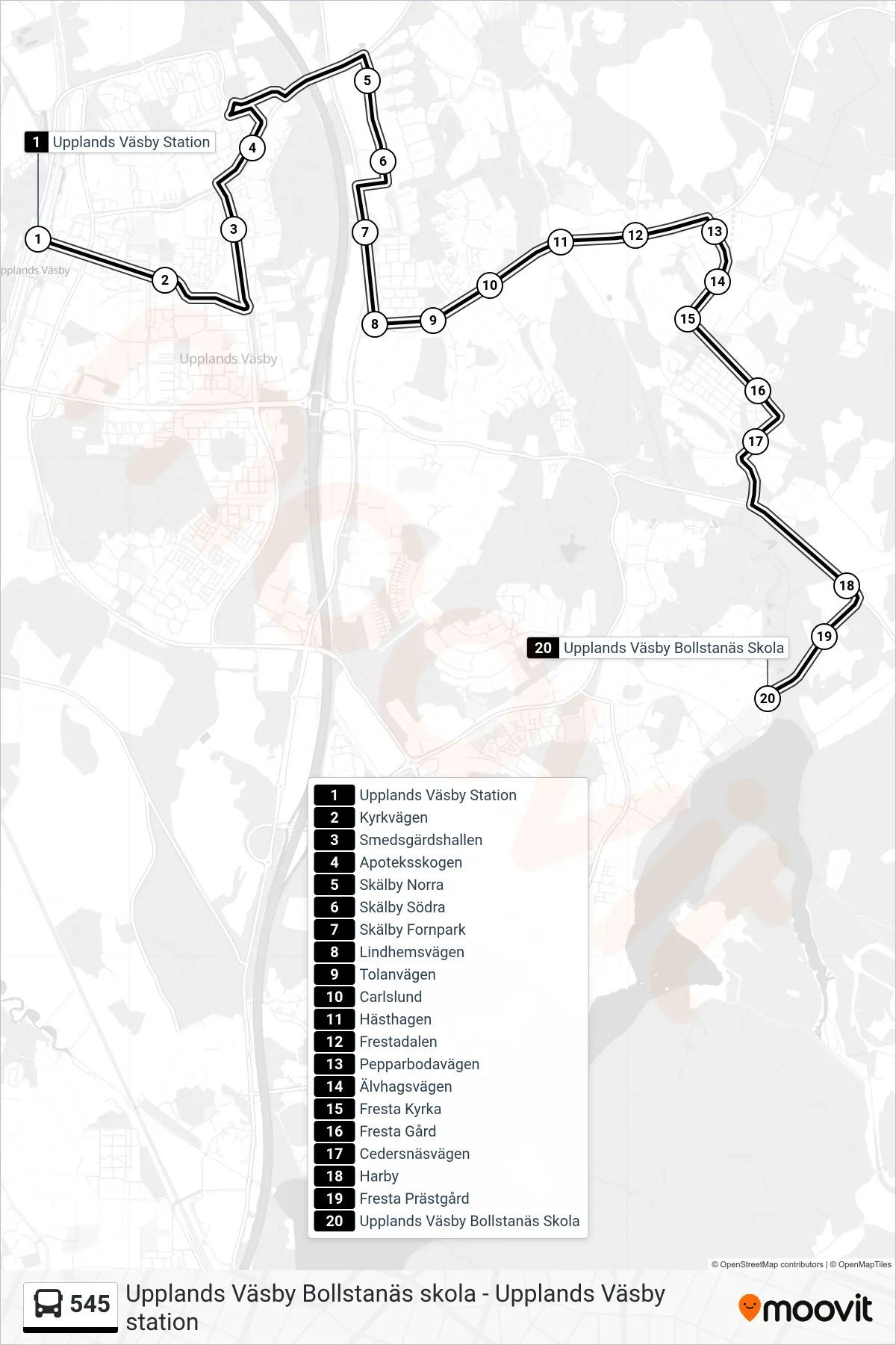Rutt och hållplatser på karta för linje 545 buss, (Upplands Väsby Bollstanäs Skola)