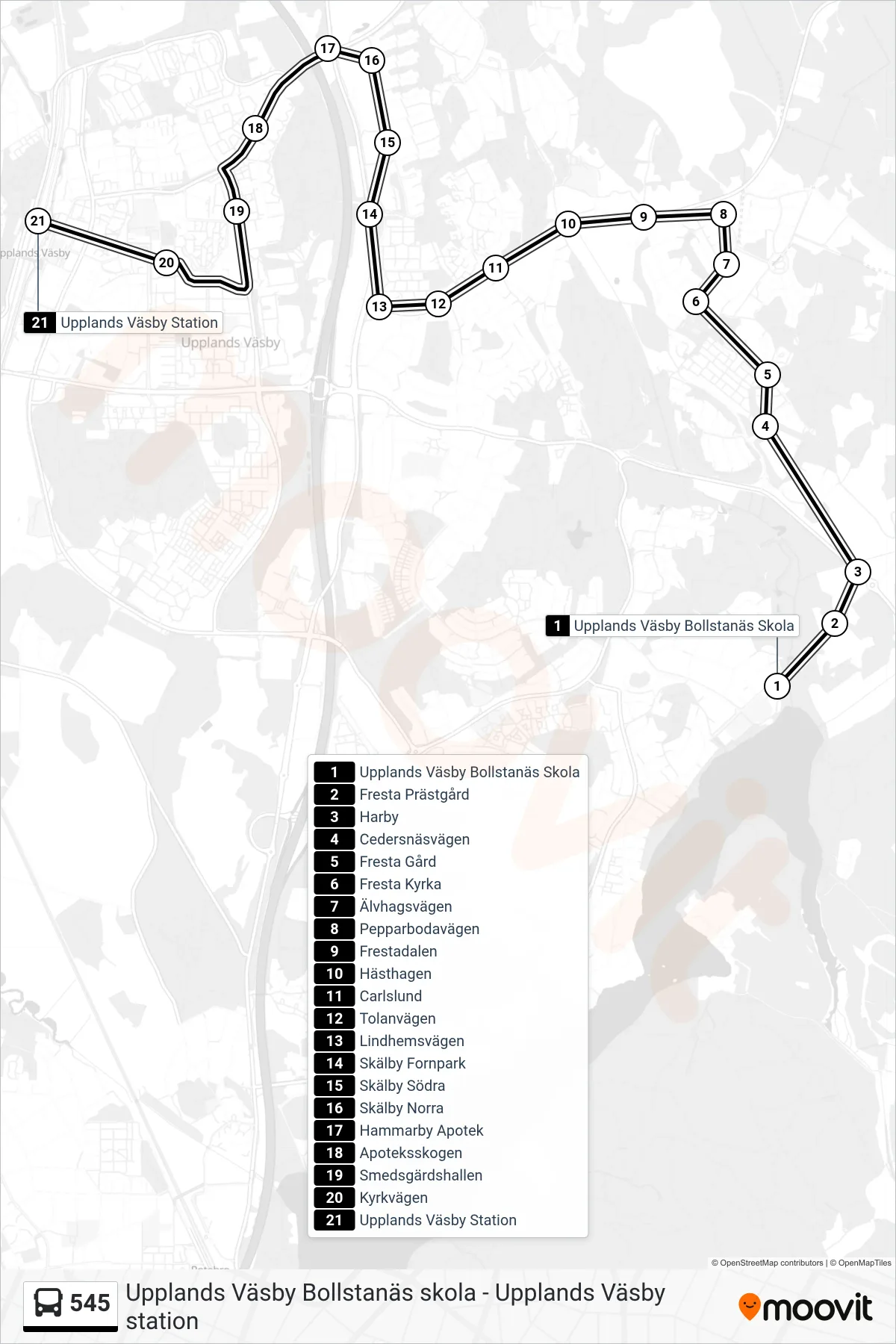 Rutt och hållplatser på karta för linje 545 buss, (Upplands Väsby Station)