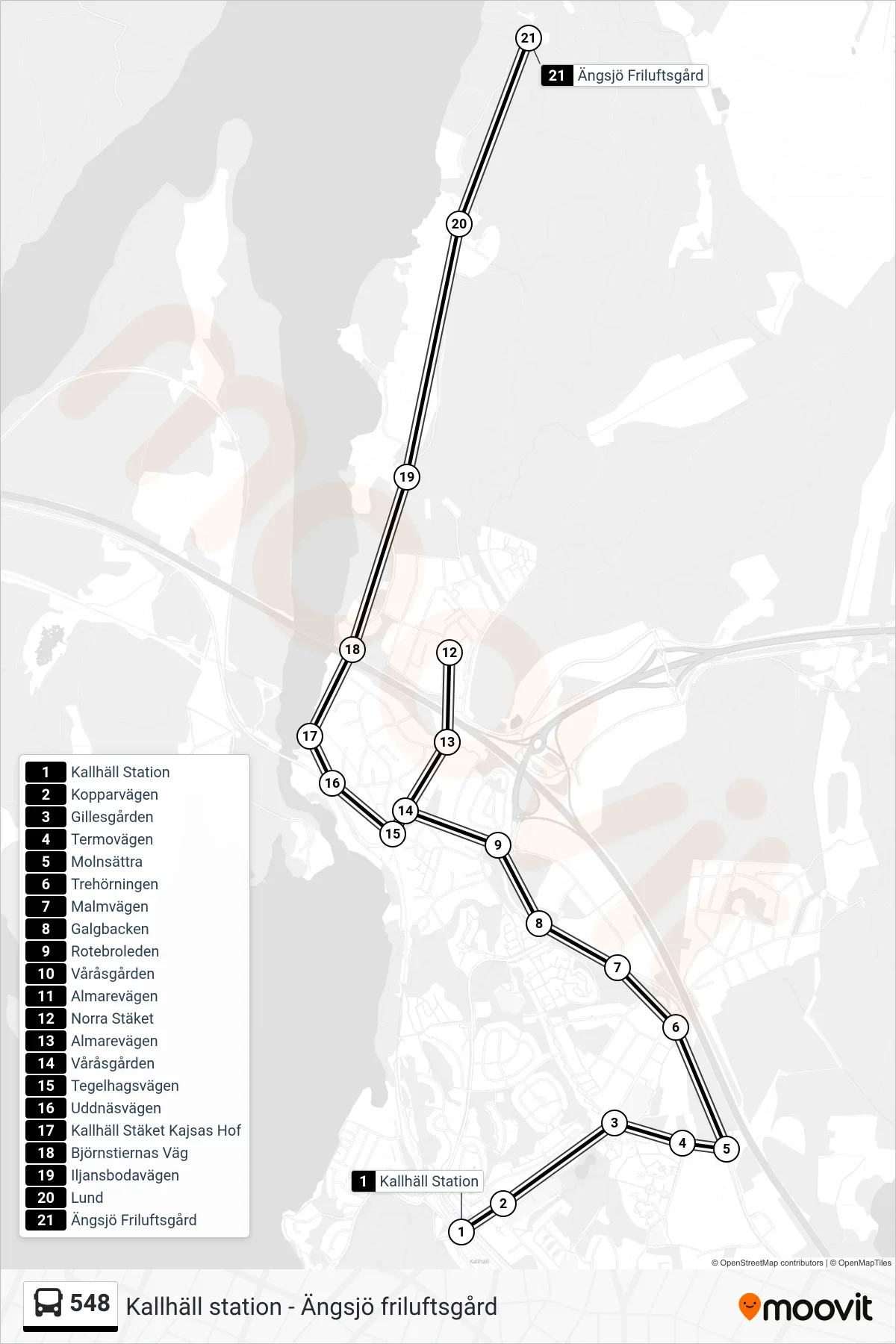 Rutt och hållplatser på karta för linje 548 buss, (Ängsjö Friluftsgård)
