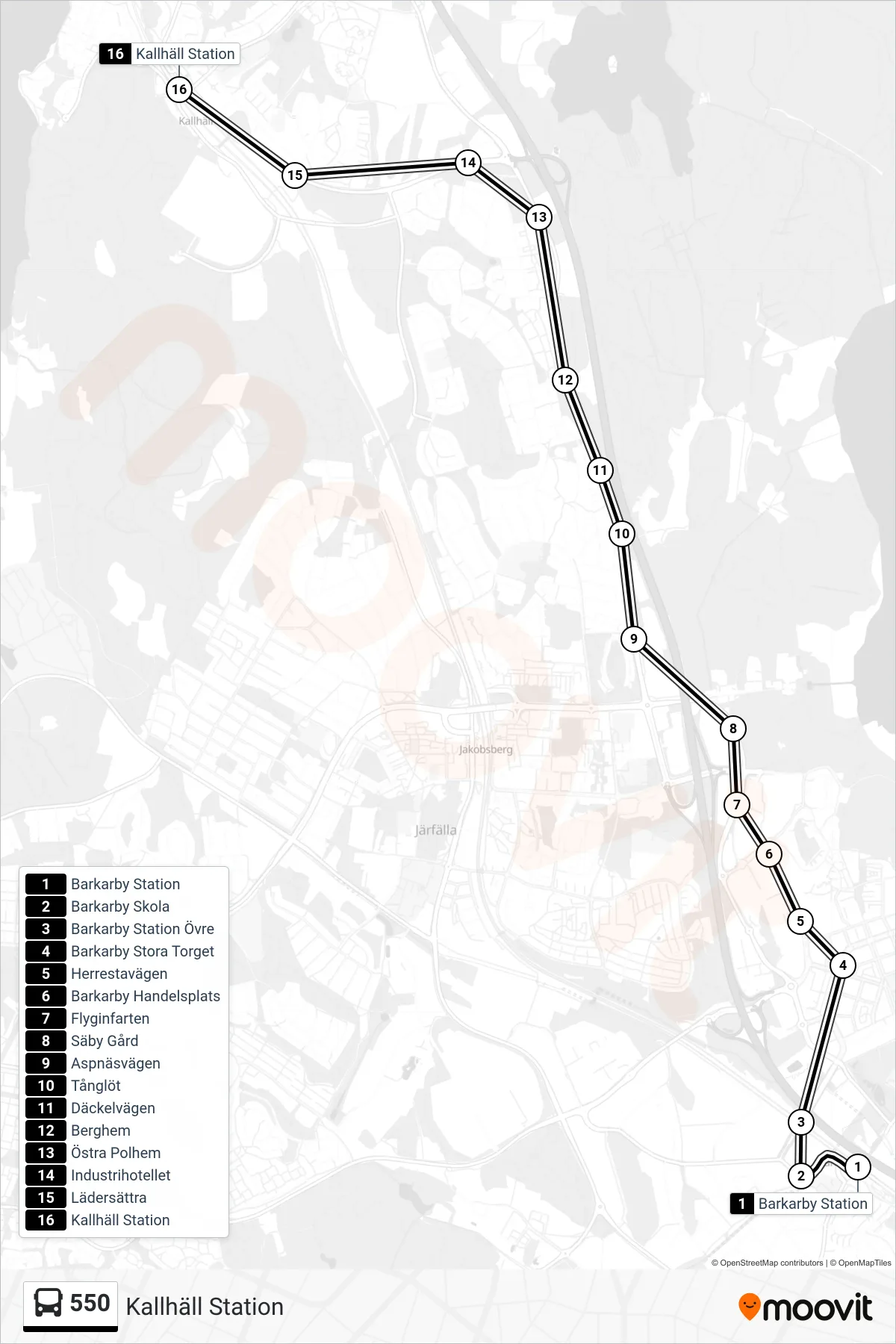 Rutt och hållplatser på karta för linje 550 buss, (Kallhäll Station)