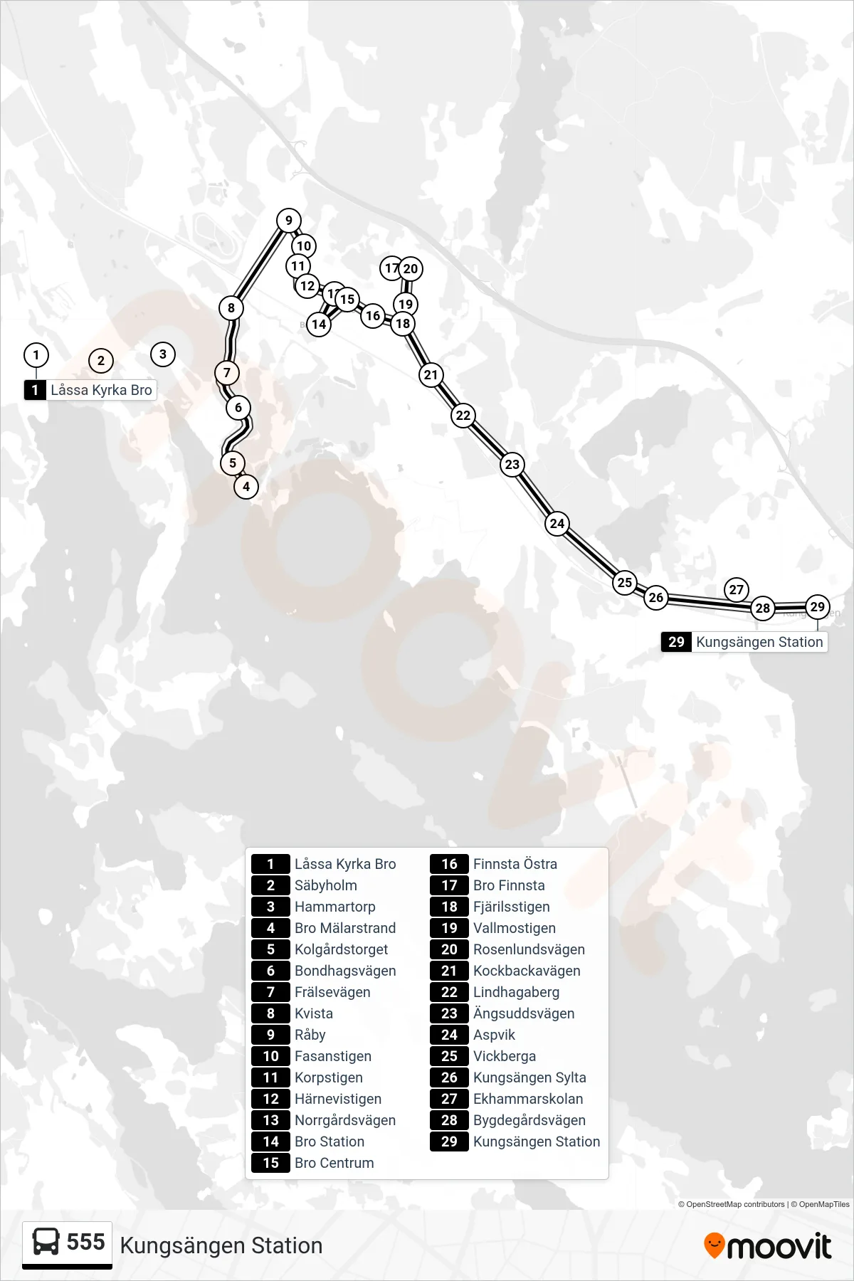 Rutt och hållplatser på karta för linje 555 buss, (Kungsängen Station)
