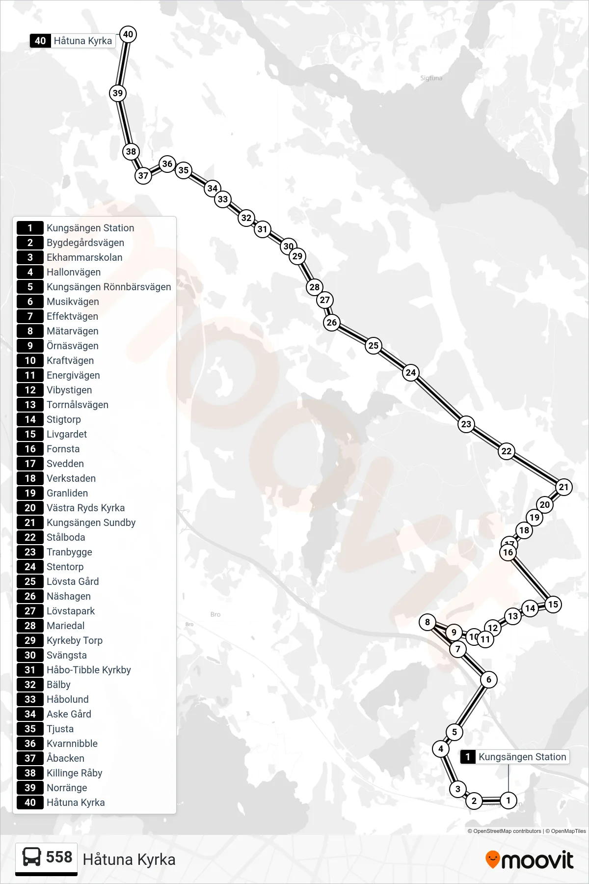 Rutt och hållplatser på karta för linje 558 buss, (Håtuna Kyrka)