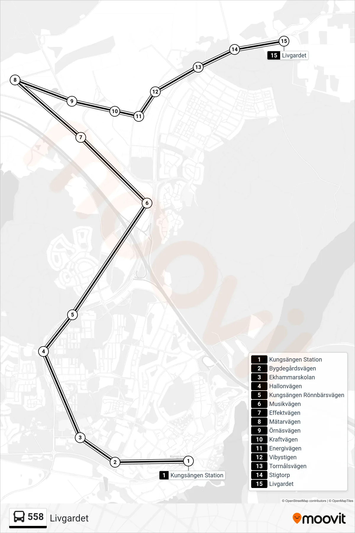 Rutt och hållplatser på karta för linje 558 buss, (Livgardet)