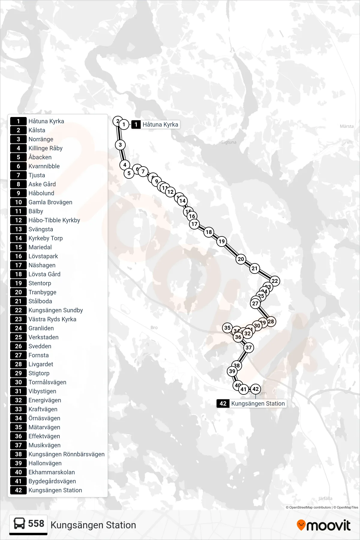 Rutt och hållplatser på karta för linje 558  buss, (Kungsängen Station)