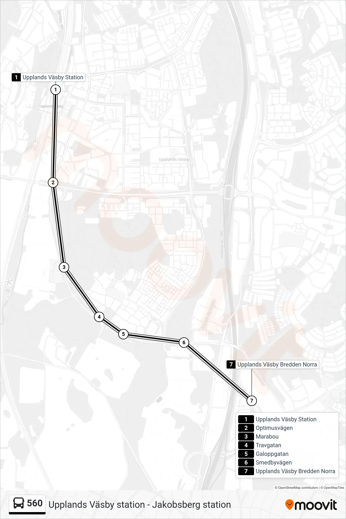 Rutt och hållplatser på karta för linje 560 buss, (Upplands Väsby Bredden Norra)