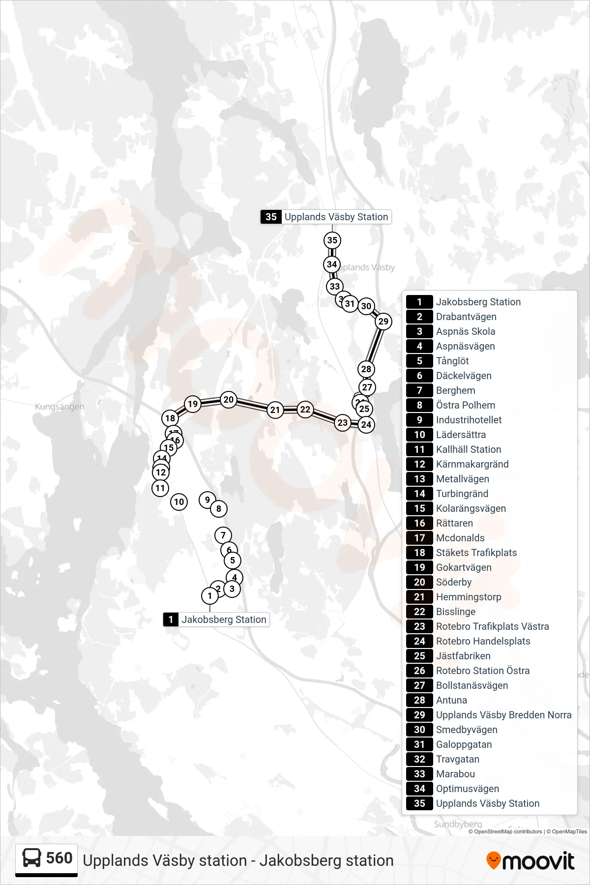 Rutt och hållplatser på karta för linje 560  buss, (Upplands Väsby Station)