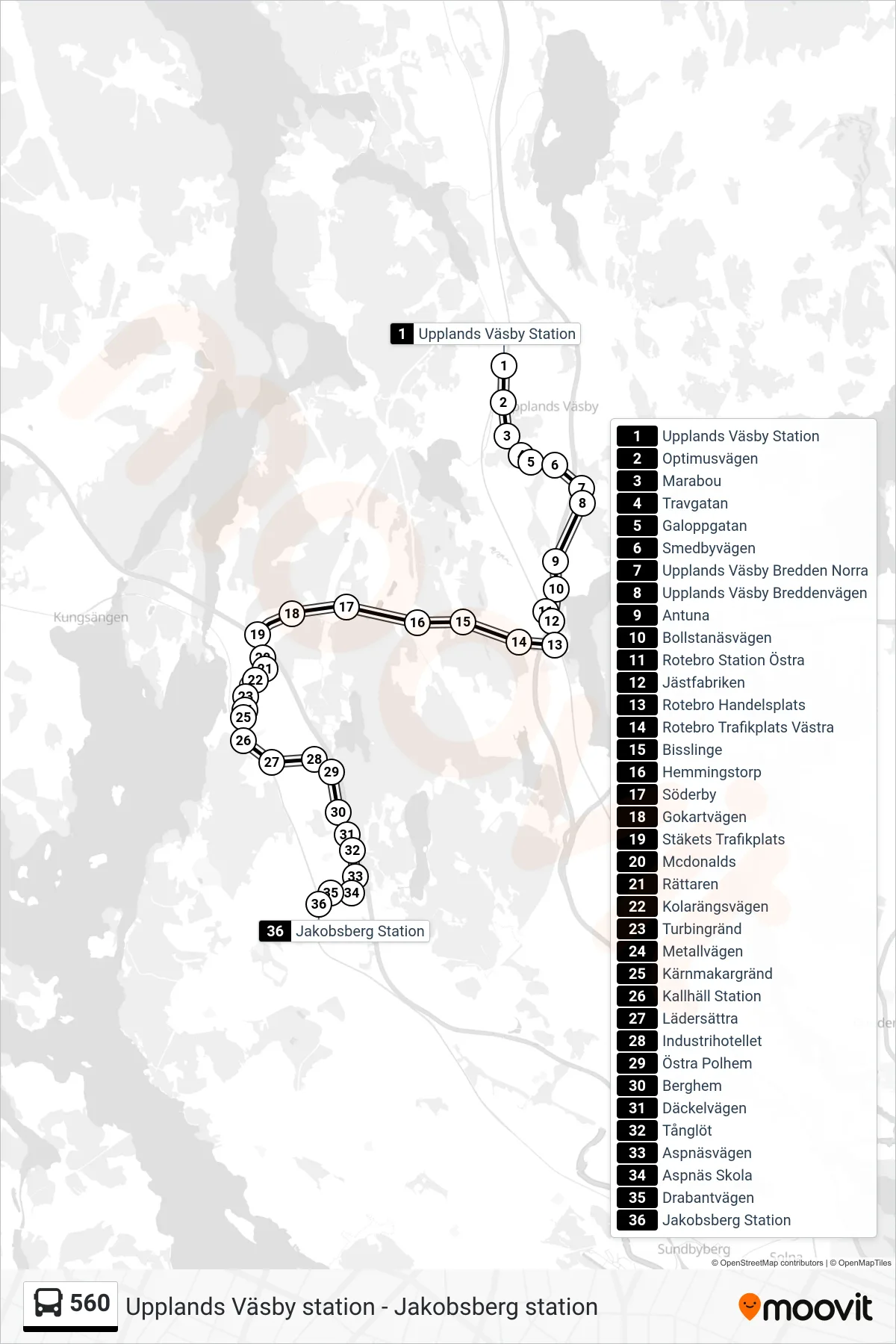 Rutt och hållplatser på karta för linje 560 buss, (Jakobsberg Station)