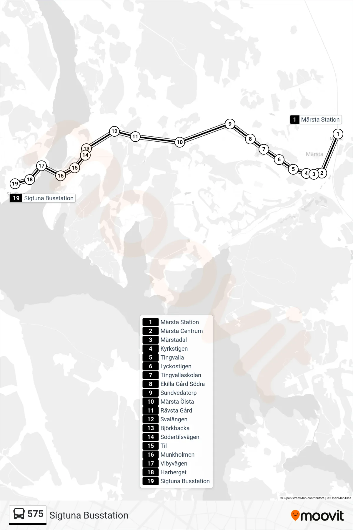 Rutt och hållplatser på karta för linje 575 buss, (Sigtuna Busstation)