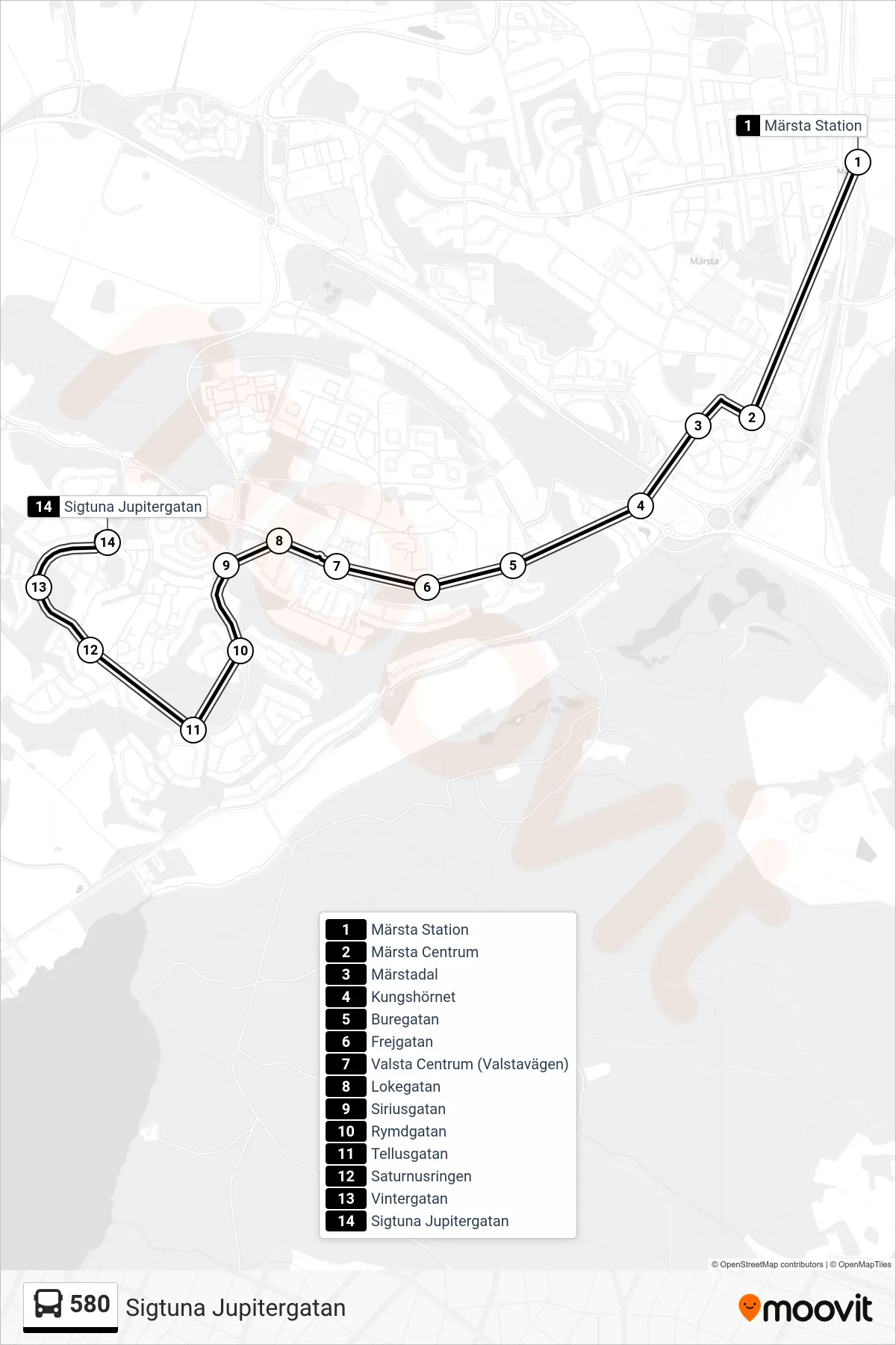 Rutt och hållplatser på karta för linje 580 buss, (Sigtuna Jupitergatan)