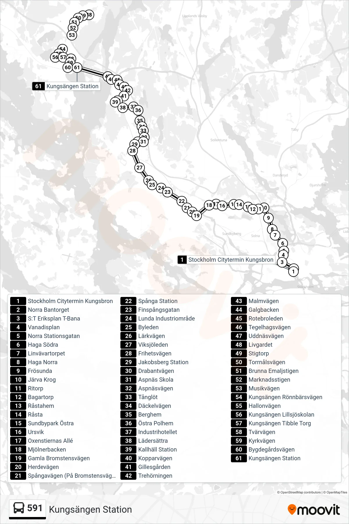 Rutt och hållplatser på karta för linje 591 buss, (Kungsängen Station)