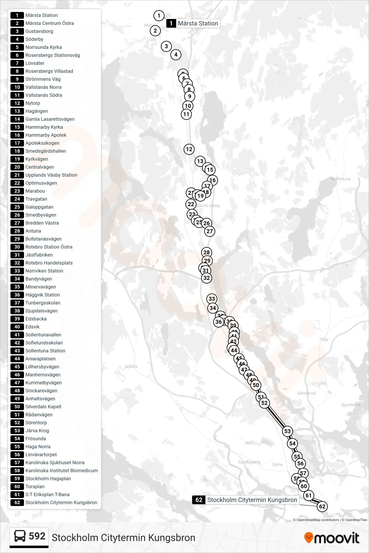 Rutt och hållplatser på karta för linje 592  buss, (Stockholm Citytermin Kungsbron)