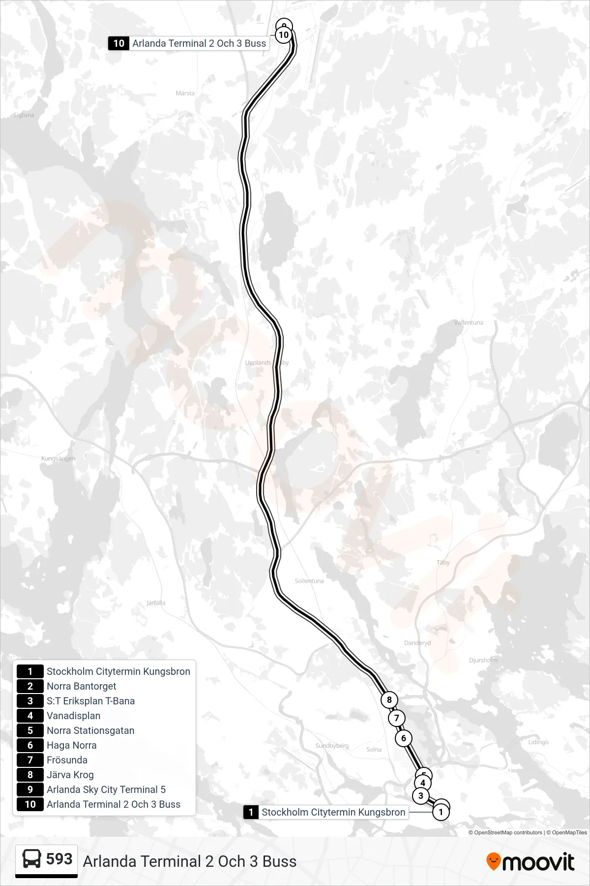 Rutt och hållplatser på karta för linje 593  buss, (Arlanda Terminal 2 Och 3 Buss)