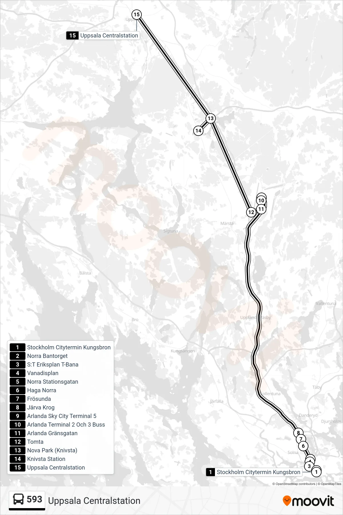 Rutt och hållplatser på karta för linje 593 buss, (Uppsala Centralstation)