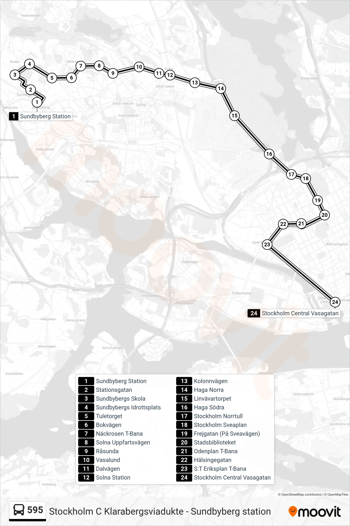 Rutt och hållplatser på karta för linje 595  buss, (Stockholm Central Vasagatan)